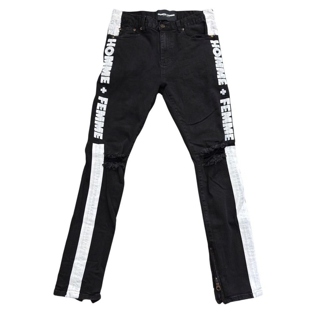 Homme + Femme LA Mens Black Denim Side Stripe Ankle Zip Jeans Size 30